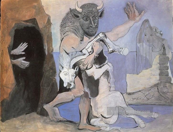 Minotaure et jument morte devant une grotte face a une fille au voile 1936 Pablo Picasso Ölgemälde